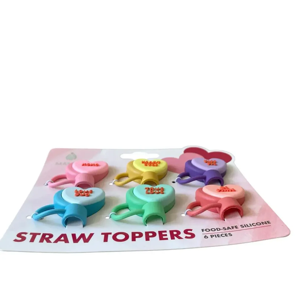 Conversation Heart Straw Toppers 6pk Valentines Day Multicolor Silicone XO New